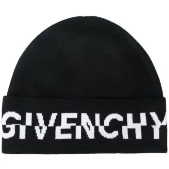 Givenchy Black Split Logo unisex Beanie Paris Motif Knitted 100% Laine W…